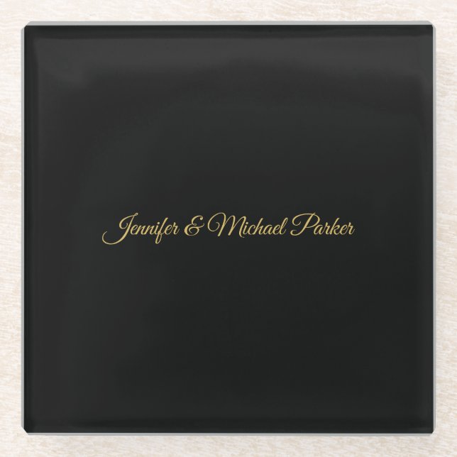 Black & Gold Colour Modern Creative Script Family Glass Coaster (Front)