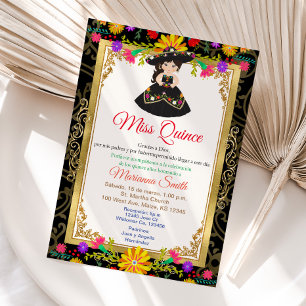 Black Gold Colourful Floral Quinceañera Invitation
