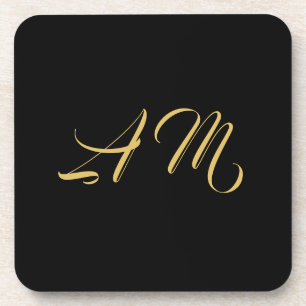 Black Gold Colours Monogram Initial Calligraphy Coaster