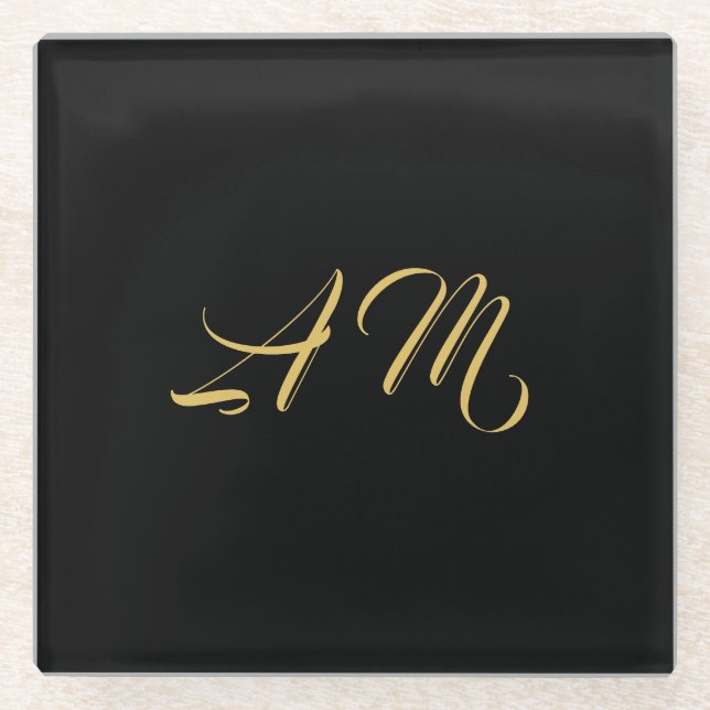 Black Gold Colours Monogram Initial Calligraphy Glass Coaster (Front)