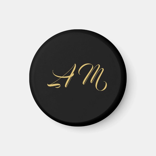 Black Gold Colours Monogram Initial Calligraphy Magnet (Front)