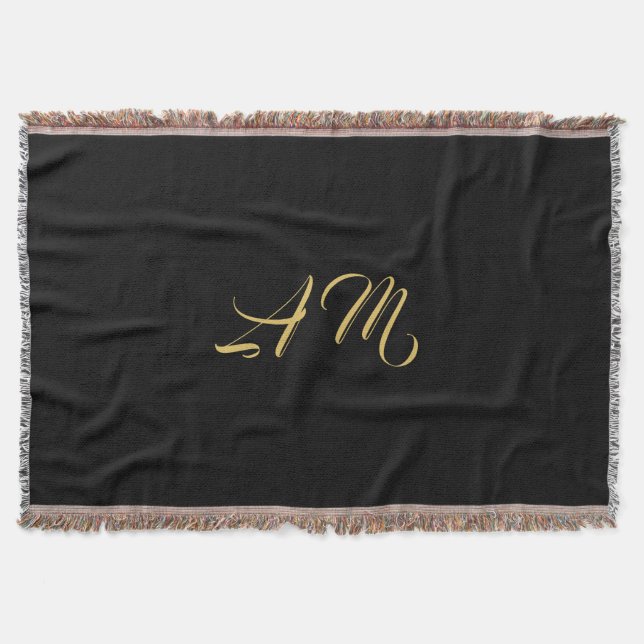 Black Gold Colours Monogram Initial Calligraphy Throw Blanket (Front)