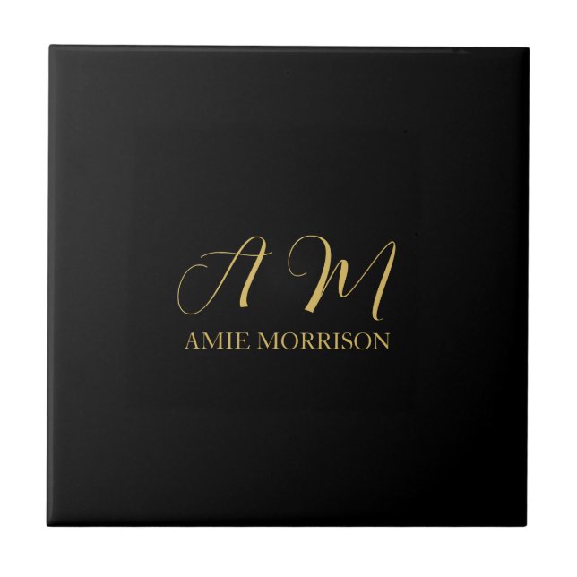 Black Gold Colours Monogram Initial Letter Name Ceramic Tile (Front)