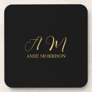 Black Gold Colours Monogram Initial Letter Name Coaster