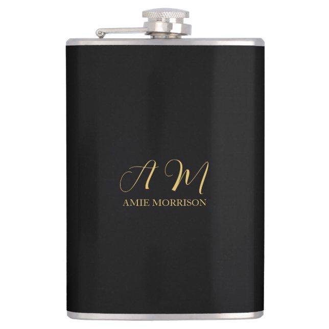 Black Gold Colours Monogram Initial Letter Name Hip Flask (Front)