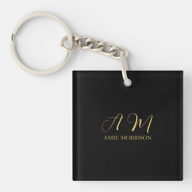 Black Gold Colours Monogram Initial Letter Name Key Ring (Front)