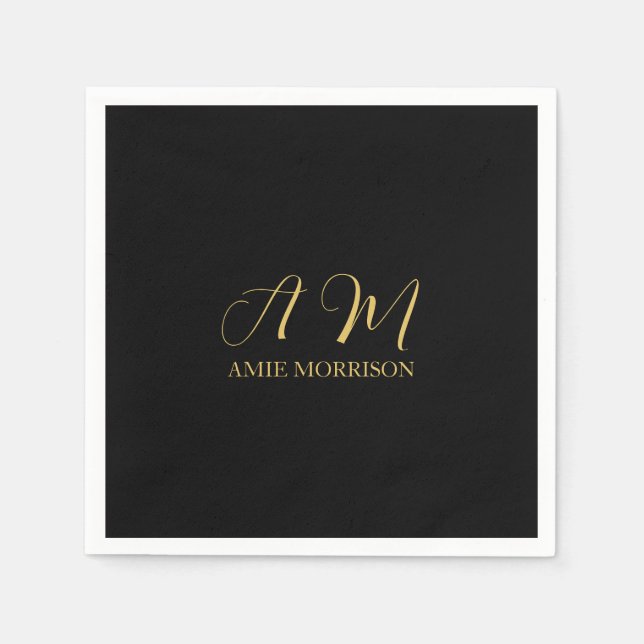 Black Gold Colours Monogram Initial Letter Name Napkin (Front)