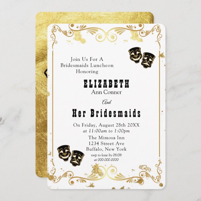 Black Gold Comedy & Tragedy Bridesmaids Luncheon Invitation (Front/Back)