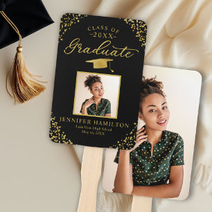 Black Gold Confetti 2 Photo Graduation Hand Fan