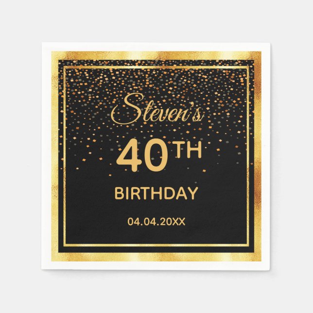 Black gold confetti 40th birthday napkin (Front)