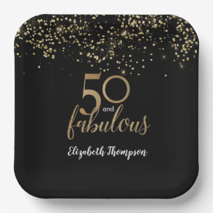 Black Gold Confetti 50 and fabulous 50th birthday Paper Plate