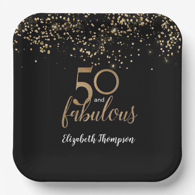 Black Gold Confetti 50 and fabulous 50th birthday Paper Plate (Front)