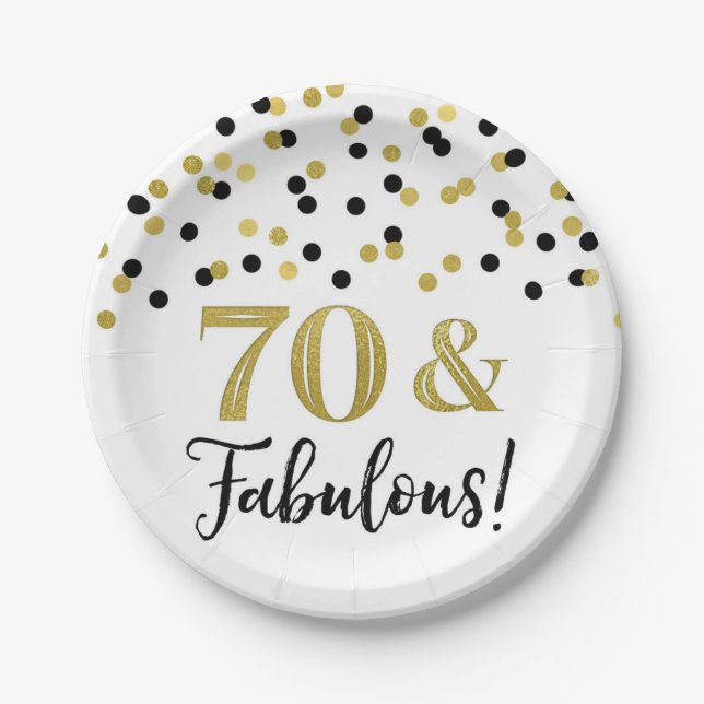 Black Gold Confetti 70 and Fabulous Birthday Paper Plate (Front)