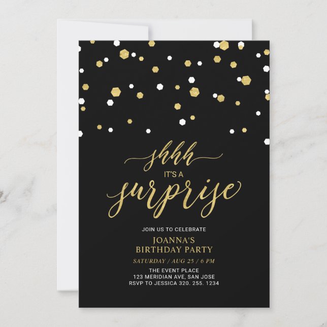 Black & Gold Confetti Adult Birthday Party Invitation (Front)
