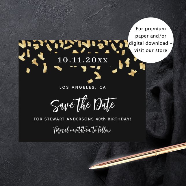 Black gold confetti birthday budget save the date (Creator Uploaded)