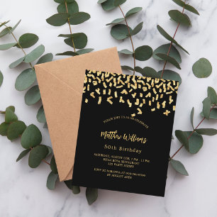 Black gold confetti birthday invitation