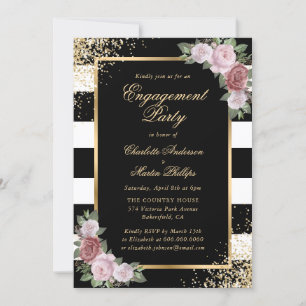 Black Gold Confetti Blush Floral Engagement Party Invitation