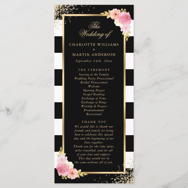 Black Gold Confetti Blush Pink Floral Wedding Program (Front)