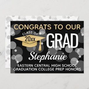 Black Gold Confetti Bokeh Bubbles Graduation Invitation