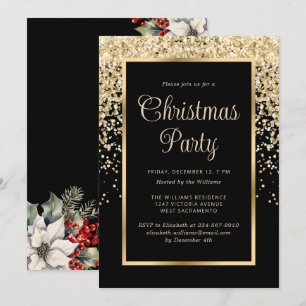 Black Gold Confetti Botanical Christmas Party Invitation