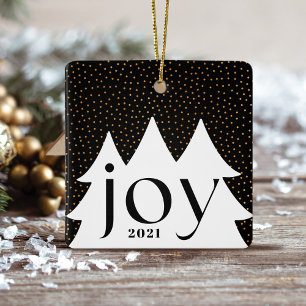 Black & Gold Confetti Christmas Tree Joy Photo Ceramic Ornament