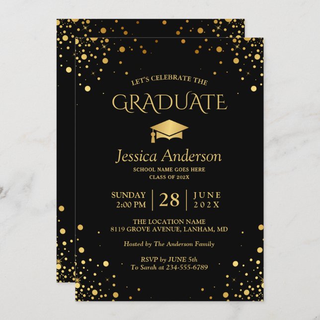 Black Gold Confetti Dots Graduate Graduation Party Invitation (Front/Back)