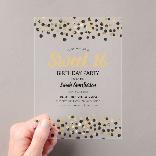 Black Gold Confetti Glitter Sweet 16 Acrylic Invitations (Insitu (Handheld))