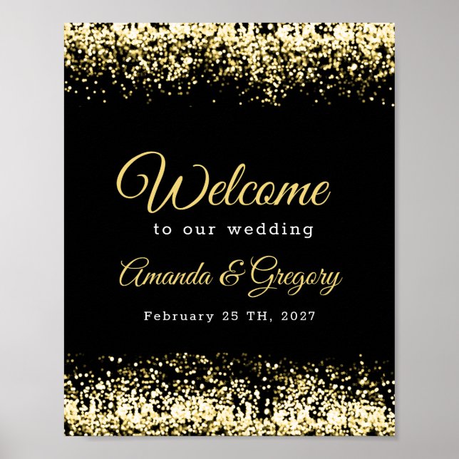 Black Gold Confetti Glitter  Wedding Welcome Sign (Front)