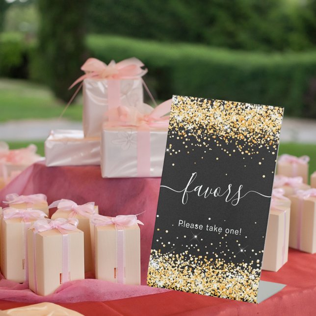 Black gold confetti guest favours pedestal sign (Creator Uploaded)