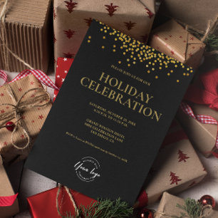 BLACK Gold confetti logo HOLIDAY CELEBRATION Invitation
