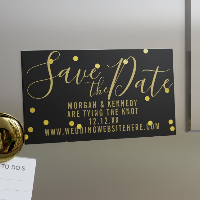 Black Gold Confetti Magnetic Save The Date Card (A black and gold confetti style Save the Date magnet with space for your wedding details)