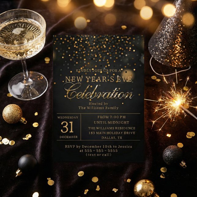 Black & Gold Confetti New Year's Eve Party Invitation (Creator Uploaded)