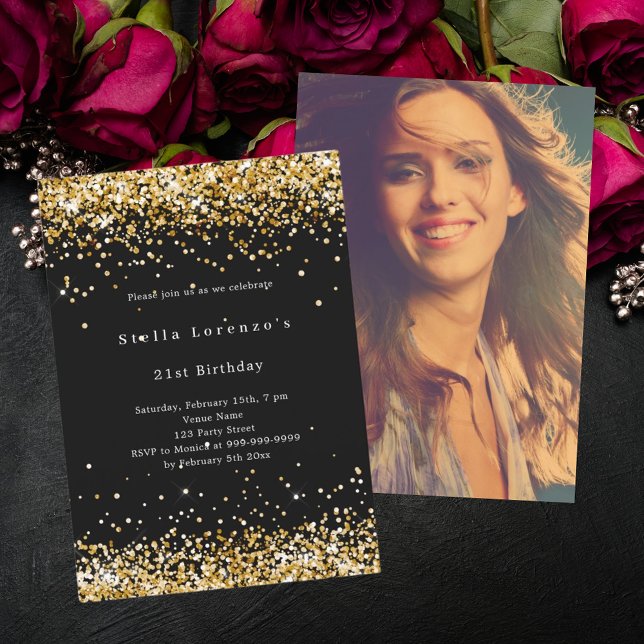 Black gold confetti photo birthday invitation (Creator Uploaded)