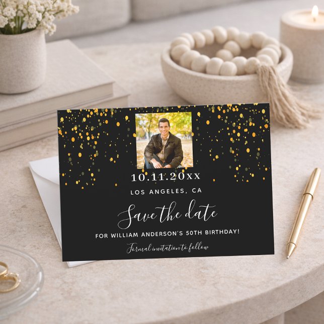 Black gold confetti photo birthday save the date (Creator Uploaded)