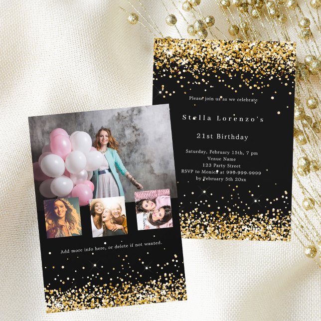 Black gold confetti photo collage luxury birthday invitation (Creator Uploaded)
