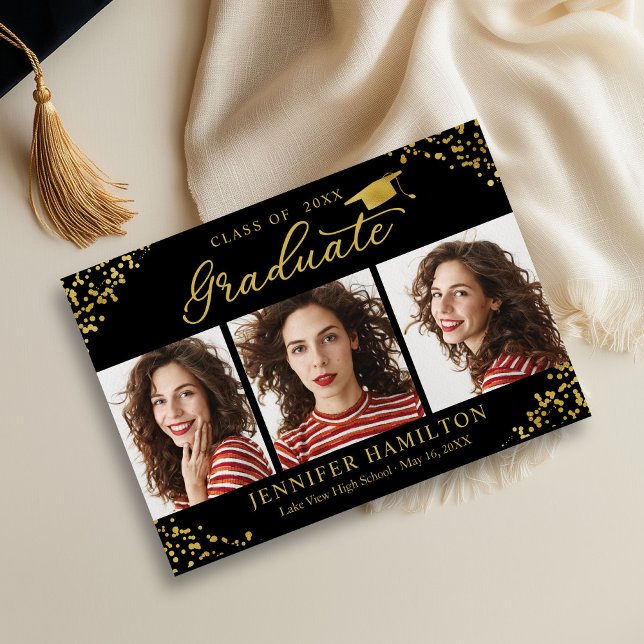 Black Gold Confetti Photo Graduation Announcement  (Creator Uploaded)