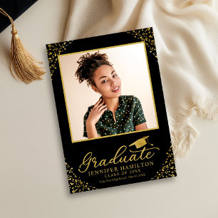 Black Gold Confetti Photo Graduation Announcement