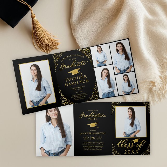 Black Gold Confetti Photo Graduation Party Tri-Fold Invitation (Creator Uploaded)