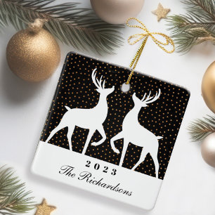 Black & Gold Confetti Reindeer Joy Family Photo Ceramic Ornament
