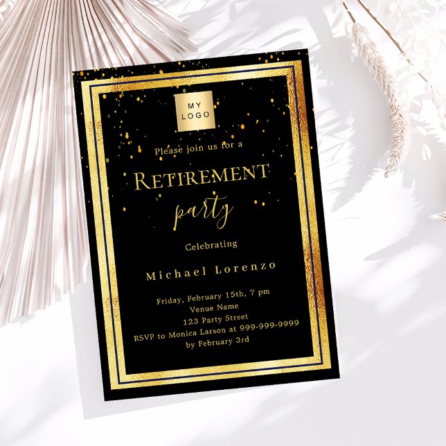 Black gold confetti retirement business logo invitation (Creator Uploaded)