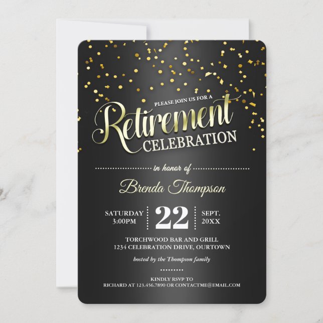 Black|Gold Confetti Retirement Party Invitations (Front)
