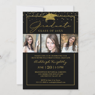 Black Gold Confetti Script 3 Photos Graduation Invitation