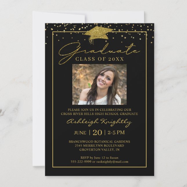 Black Gold Confetti Script Photo Graduate Invitation (Front)