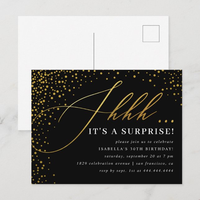 Black & Gold Confetti Script Surprise Party Invitation Postcard (Front/Back)