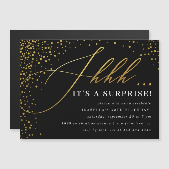 Black & Gold Confetti Script Surprise Party Magnetic Invitation (Front/Back)