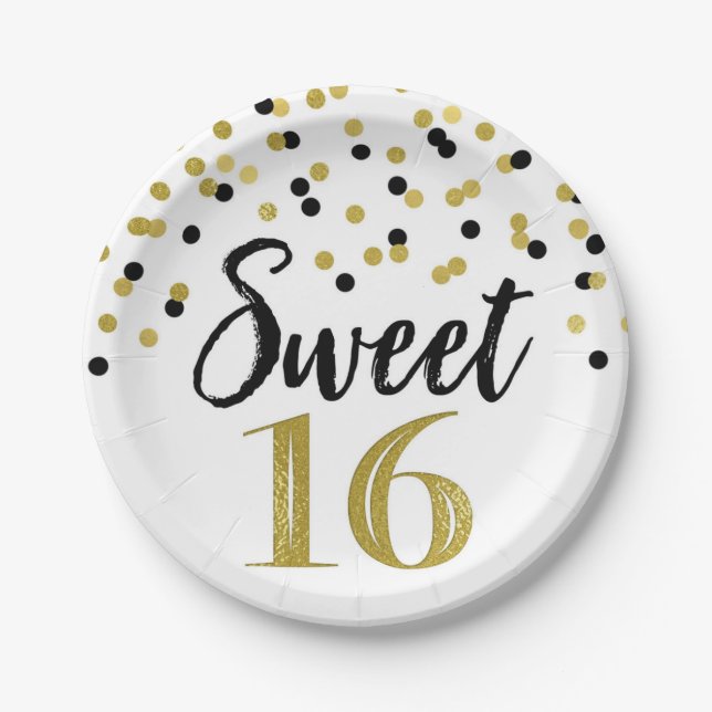 Black Gold Confetti Sweet 16 Birthday Party Paper Plate (Front)