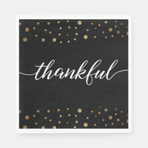 Black Gold Confetti Thankful Script Calligraphy Napkin