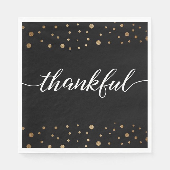 Black Gold Confetti Thankful Script Calligraphy Napkin (Front)