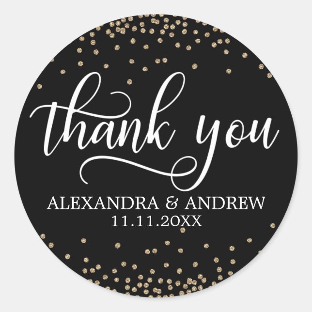 Black Gold Confetti Wedding Thank You Classic Round Sticker (Front)