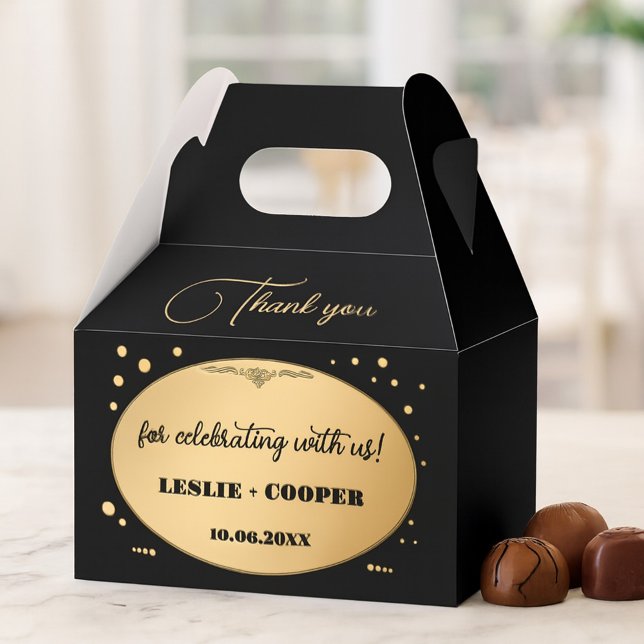 Black Gold Confetti Wedding Thank You Favour Box (Wedding favor box featuring a stylish gold and black art deco design with sparkling gold confetti.)